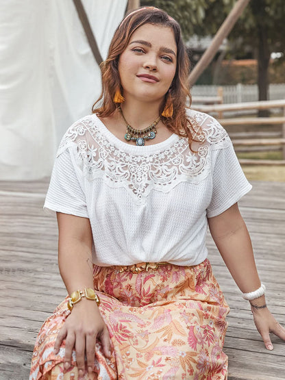 Elegant Plus Size Semi-Sheer Lace Trim Short Sleeve Blouse