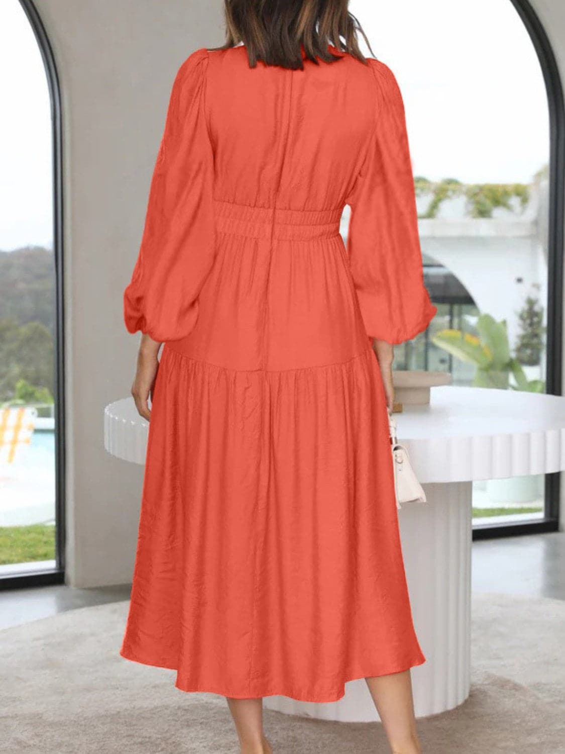 Deep V-Neck Balloon Sleeve Plain Maxi Dress.