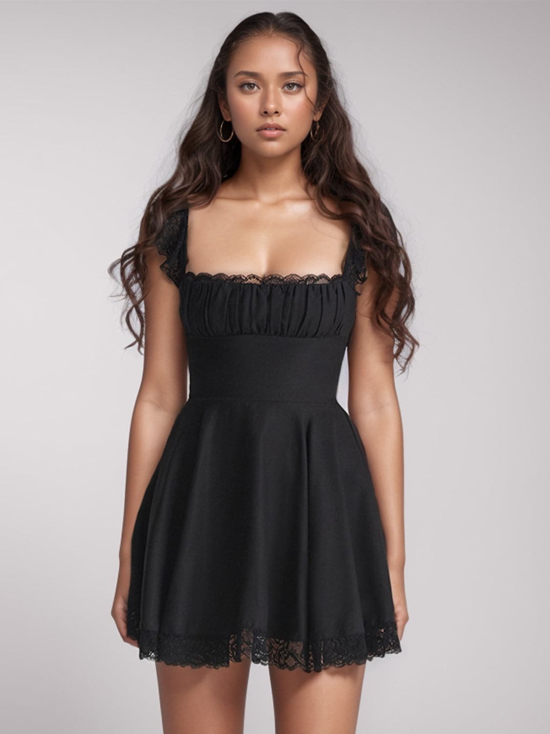 Lace Detail Square Neck Cap Sleeve Mini Dress.