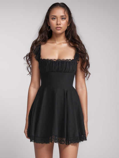 Lace Detail Square Neck Cap Sleeve Mini Dress.