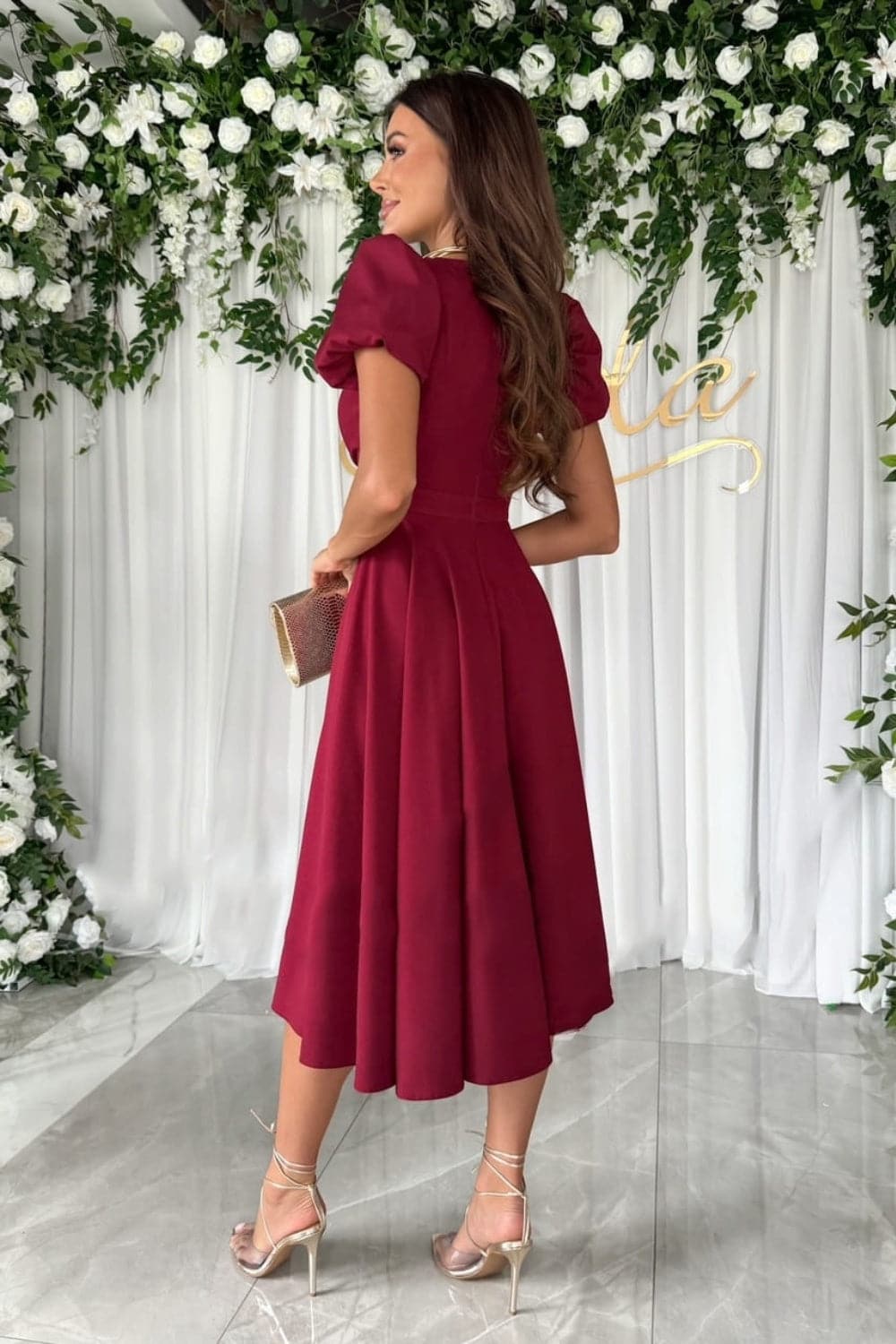 Surplice Puff Sleeve Midi Dress.