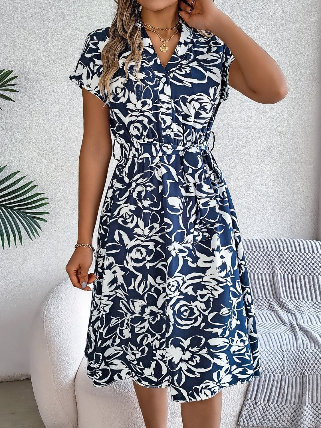 Printed V-Neck Short Sleeve Dress.