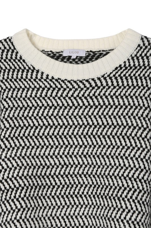 Chic herringbone crew neck sweater for effortless style