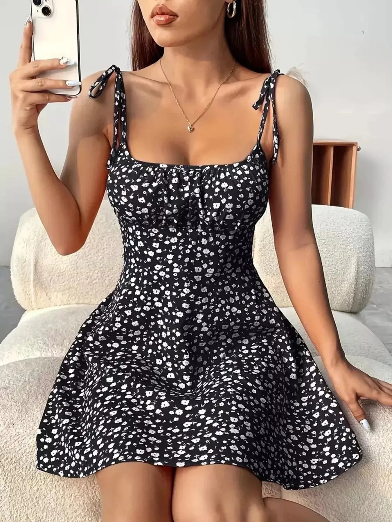 Floral Print Tie Strap Mini Dress Simply Love