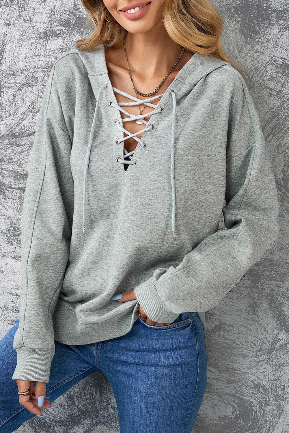 Lace-Up Dropped Shoulder Hoodie.