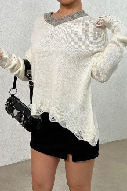 Distressed V-Neck Dropped Shoulder Sweater.