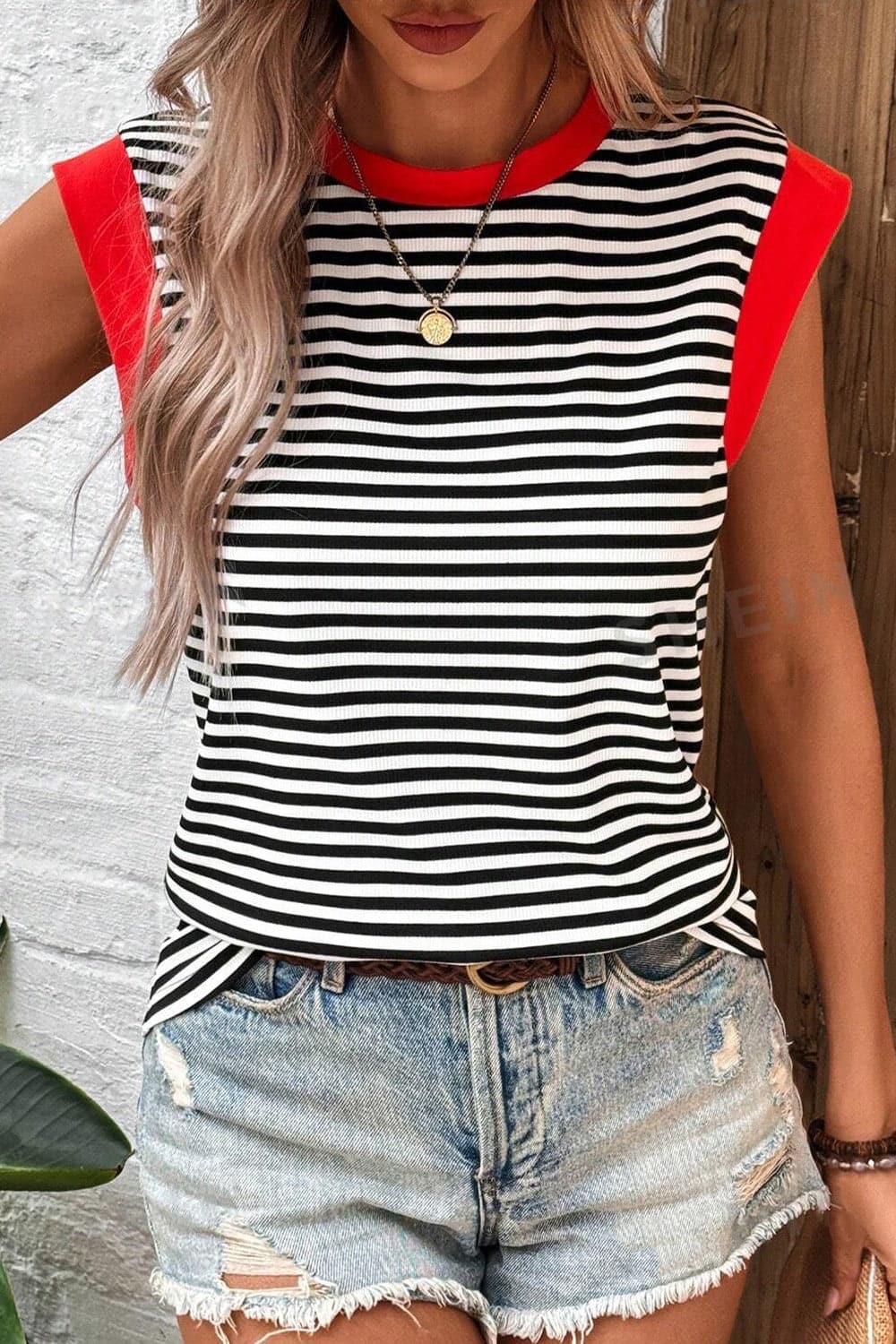 Striped Round Neck Cap Sleeve Top.