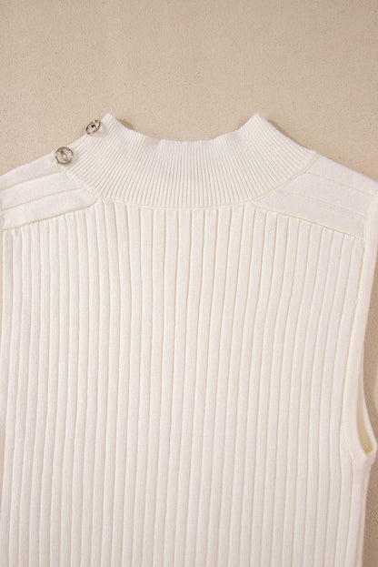 Chic white ribbed knit sleeveless high neck sweater vest