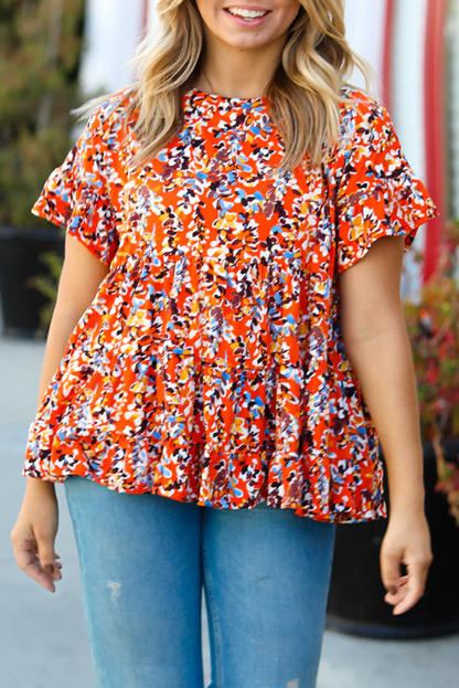 Chic orange floral ruffle sleeve babydoll top for curvy figures