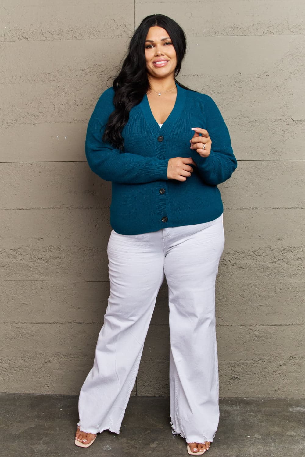 Zenana Kiss Me Tonight Full Size Button Down Cardigan in Teal.