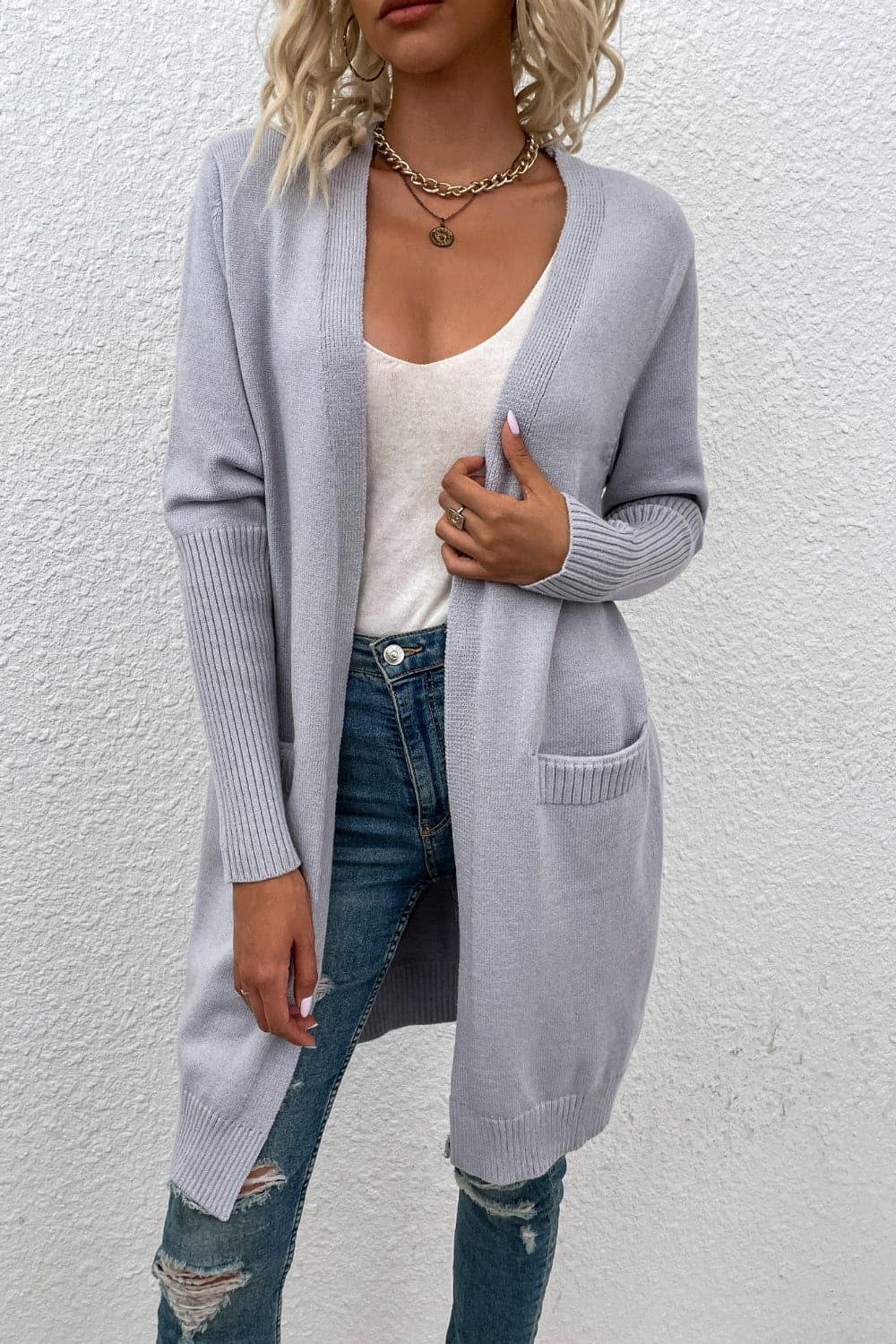 Open Front Long Sleeve Cardigan with Pockets.