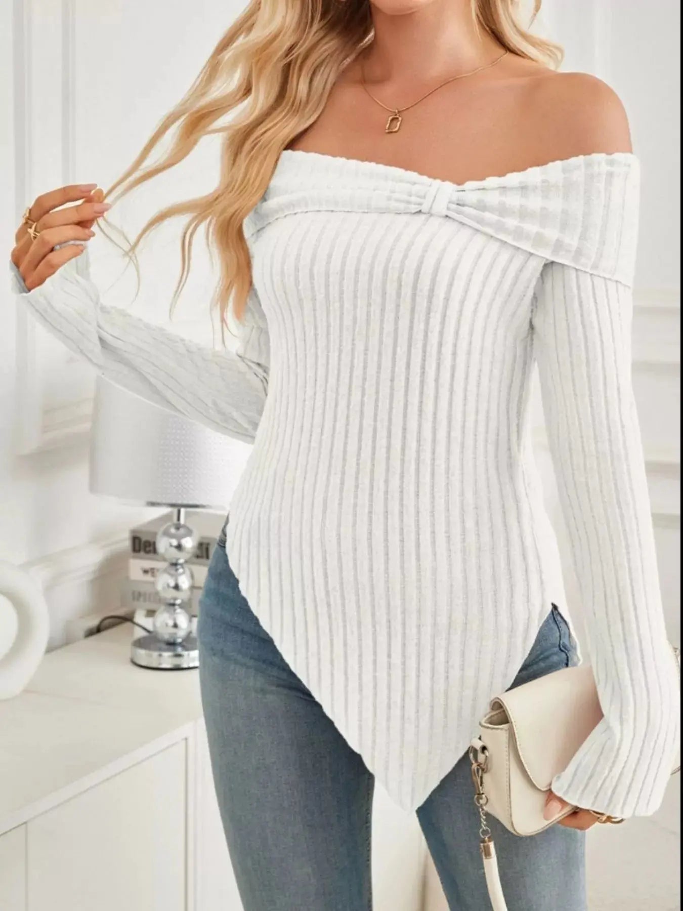 Off Shoulder Ribbed Knit Top Long Sleeves Soft Stretchy Viscose Blend Simply Love