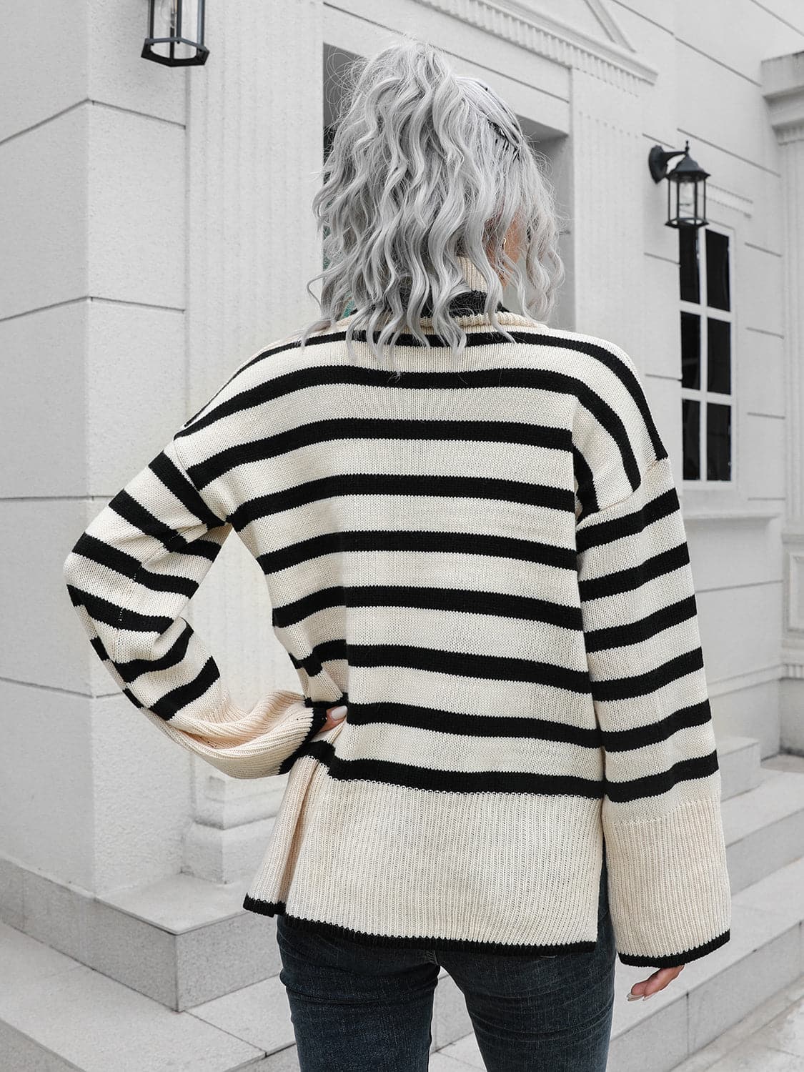 Striped Slit Turtleneck Drop Shoulder Sweater.