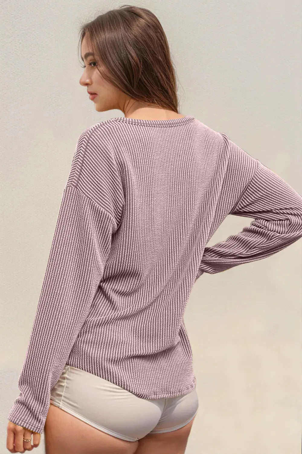 Double Take Striped Notched Long Sleeve T-Shirt - Love Salve