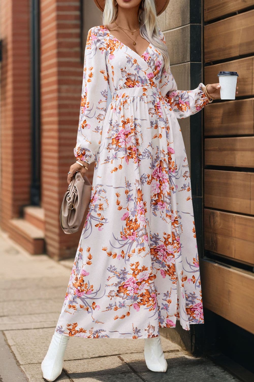 Slit Printed Surplice Long Sleeve Maxi Dress.