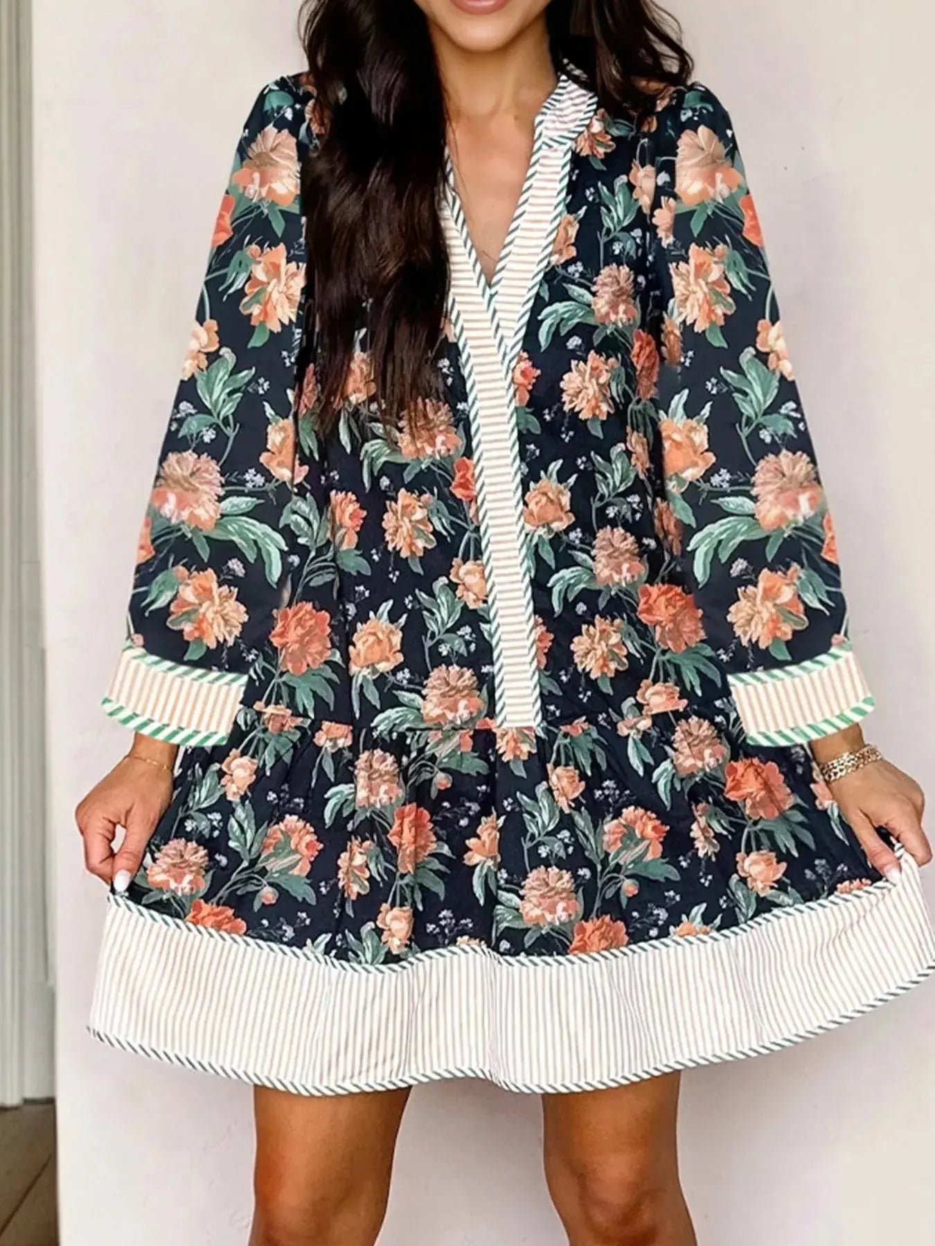 Floral Print Striped Trim V Neck Long Sleeve Ruffle Hem Shift Mini Dress Simply Love