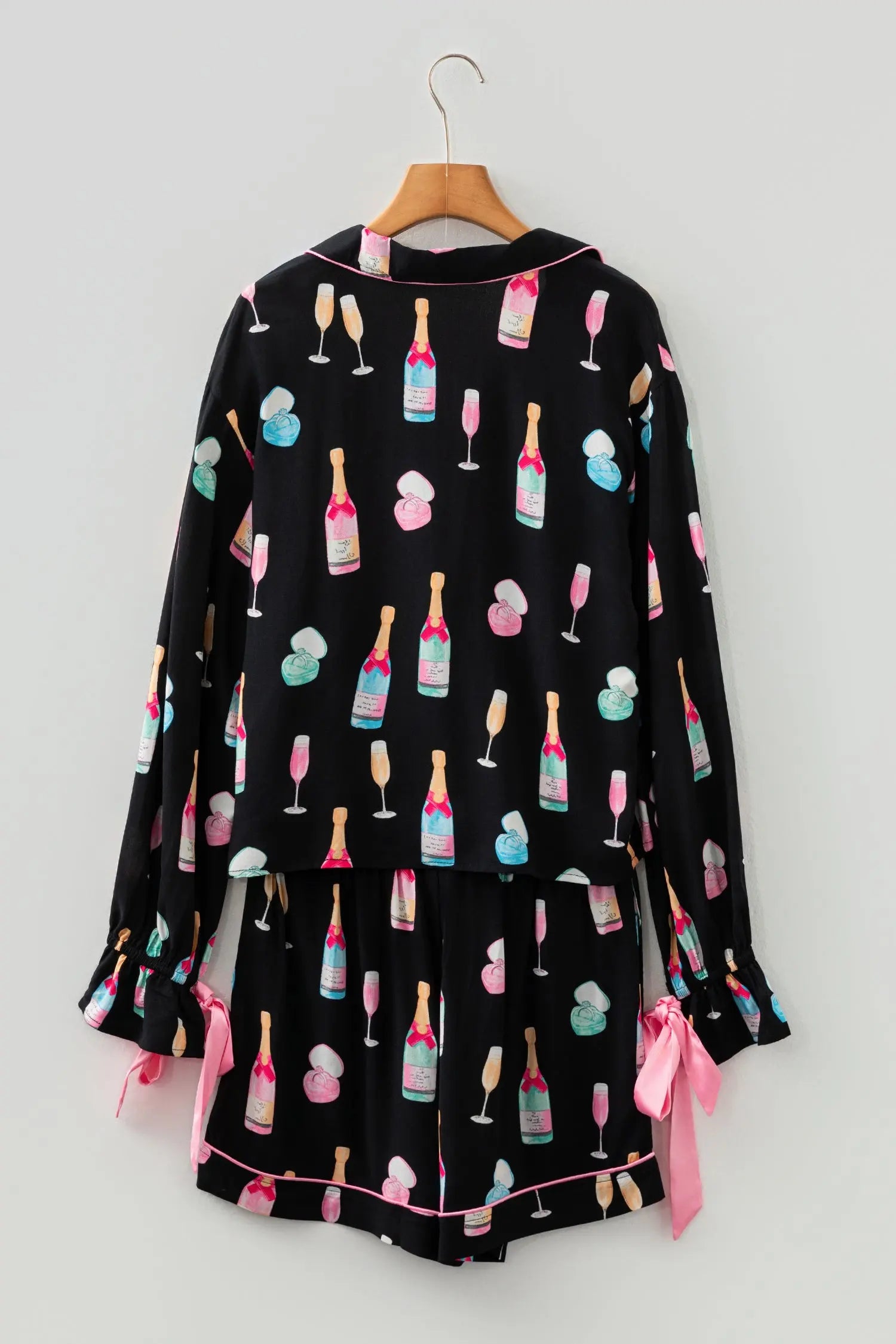 Black Christmas Wine Glass Print Bow Knot Two Piece Pajama Set Dear-Lover Dropshipping