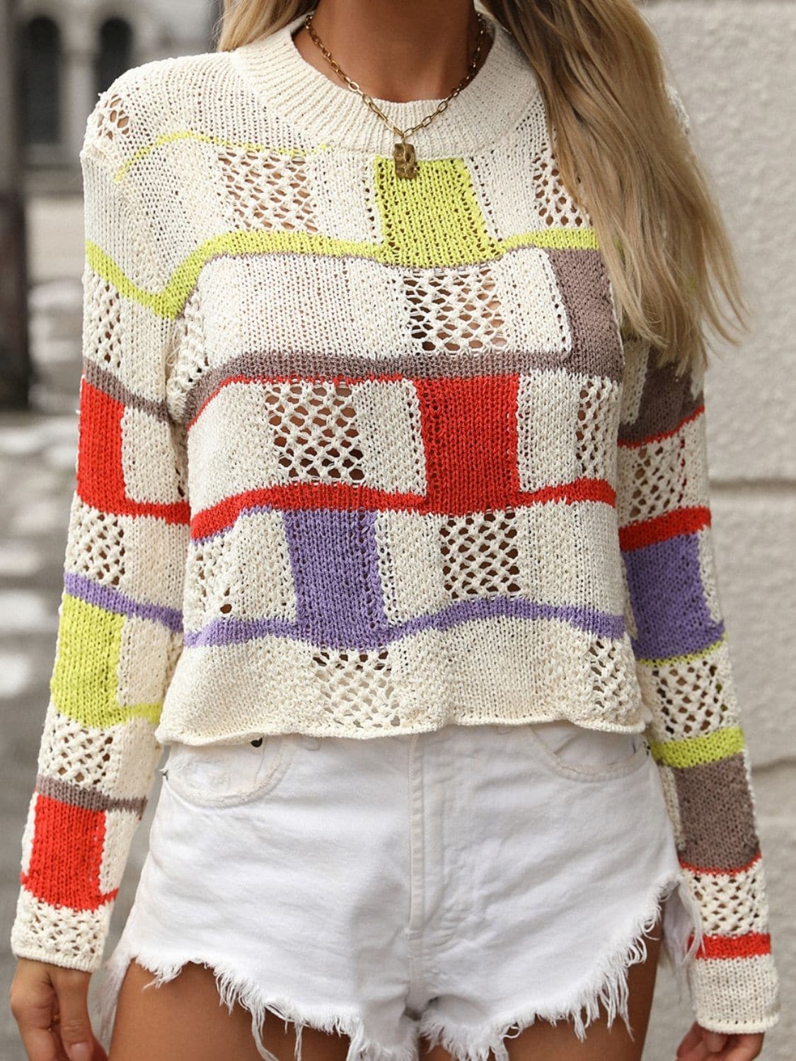 Openwork Color Block Round Neck Sweater.