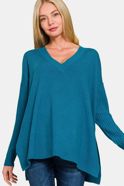 Chic V-neck high-low sweater with side slits