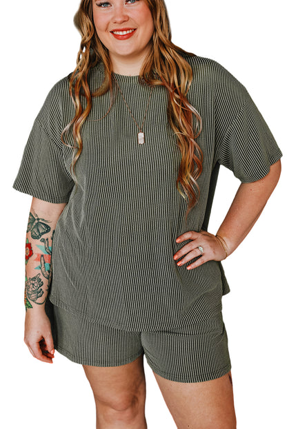 Moss green plus size lounge set with ribbed top and shorts