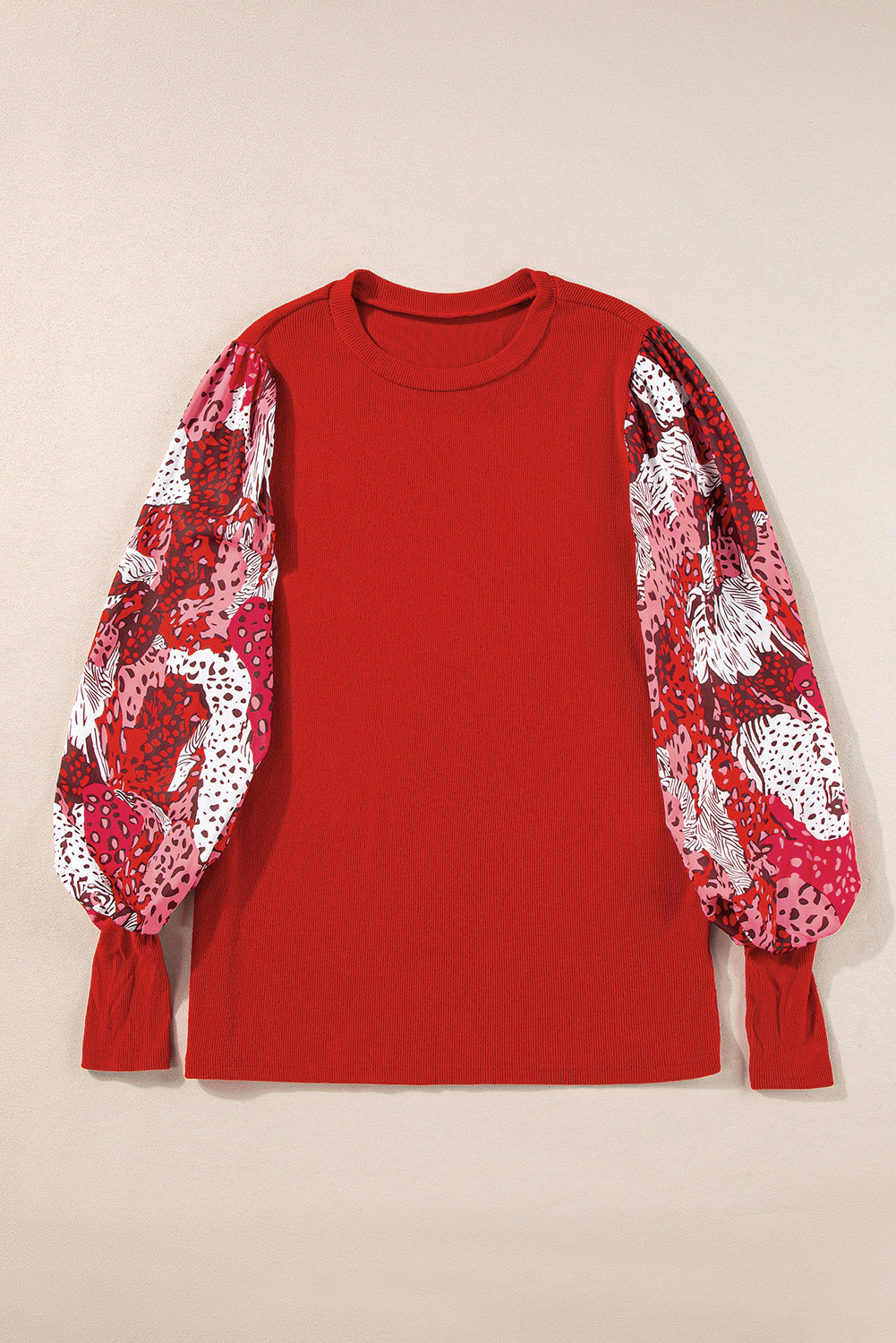 Vibrant red mixed animal print lantern sleeve patchwork blouse