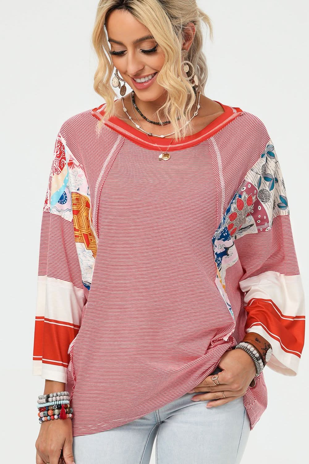 Floral Striped Patchwork Round Neck Blouse