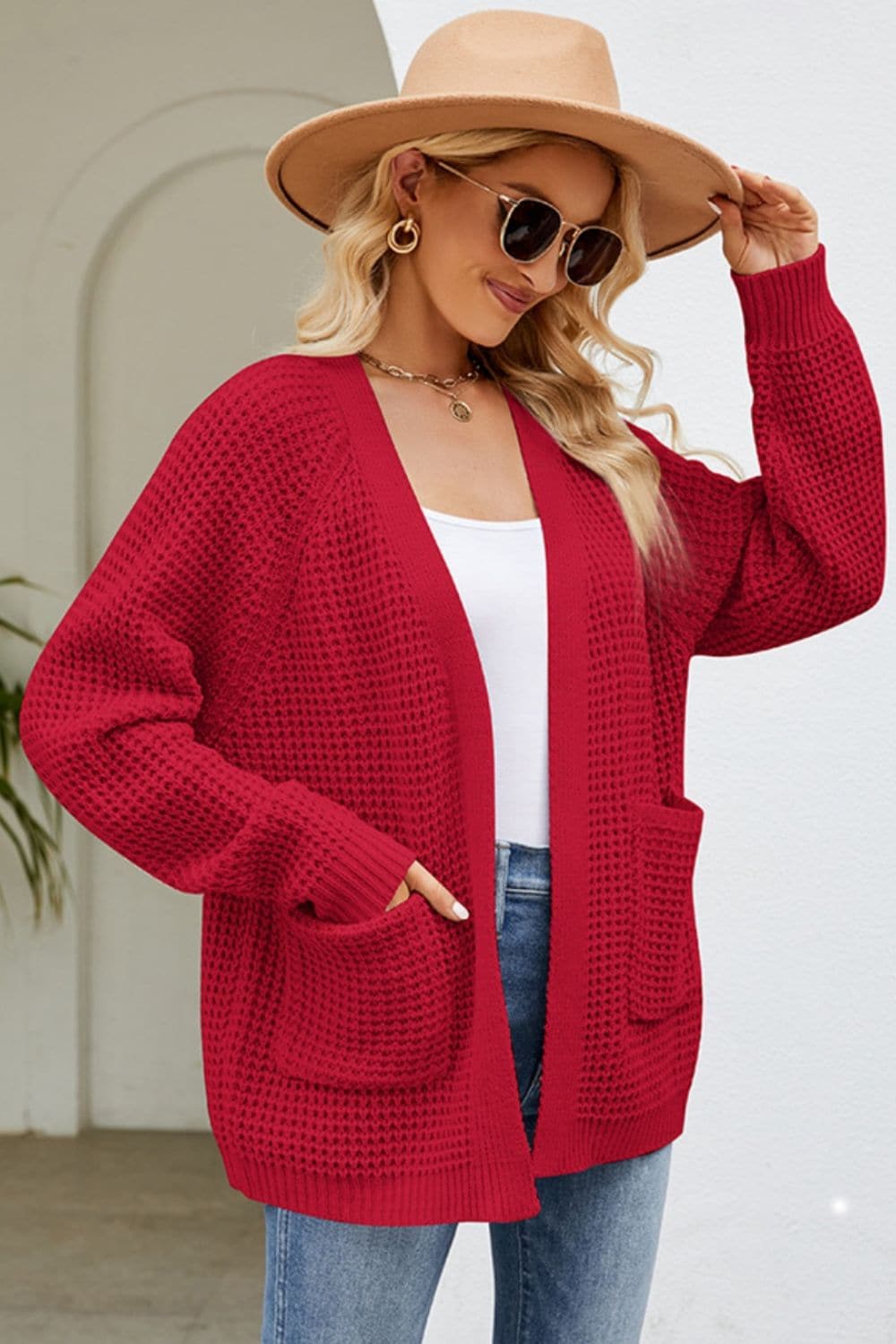 Open Front Raglan Sleeve Pocketed Cardigan.