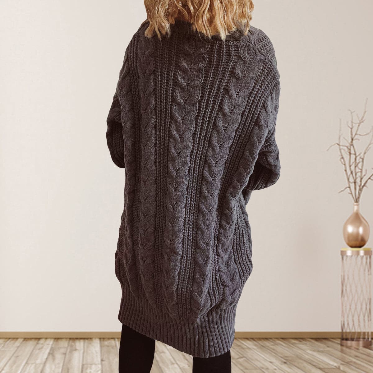 Cable-Knit Open Front Dropped Shoulder Cardigan.