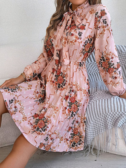 Pleated Printed Tie Neck Long Sleeve Dress.