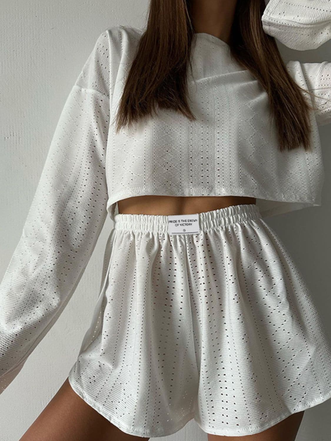 Eyelet Round Neck Top and Shorts Set.