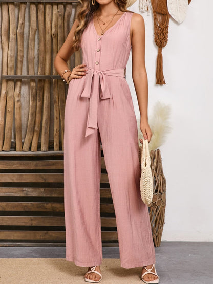 Chic V-neck jumpsuit with tie waist detail