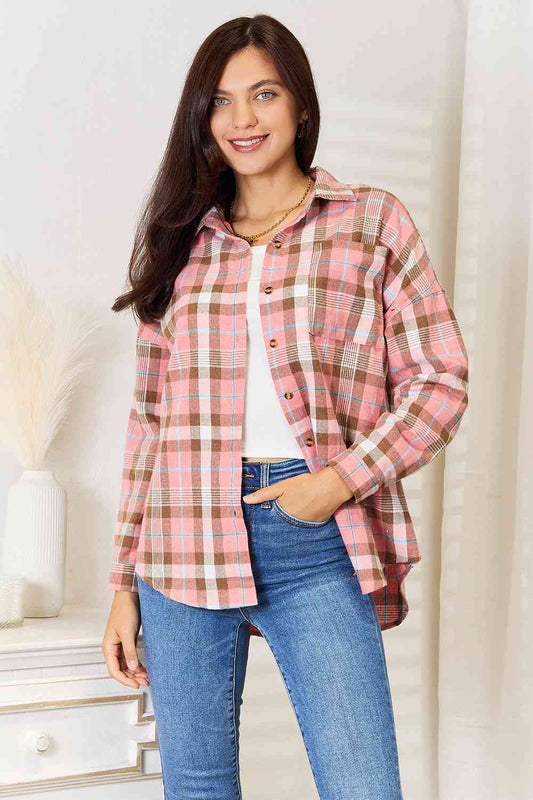 Double Take Plaid Collared Neck Long Sleeve Button-Up Shirt - Love Salve