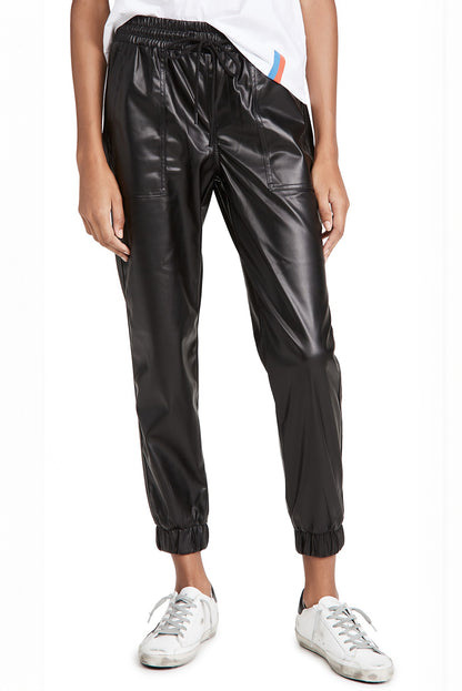 Chic black faux leather joggers with smocked waist and drawstring detail