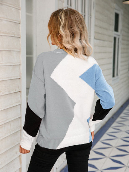 Color Block Round Neck Dropped Shoulder Sweater.