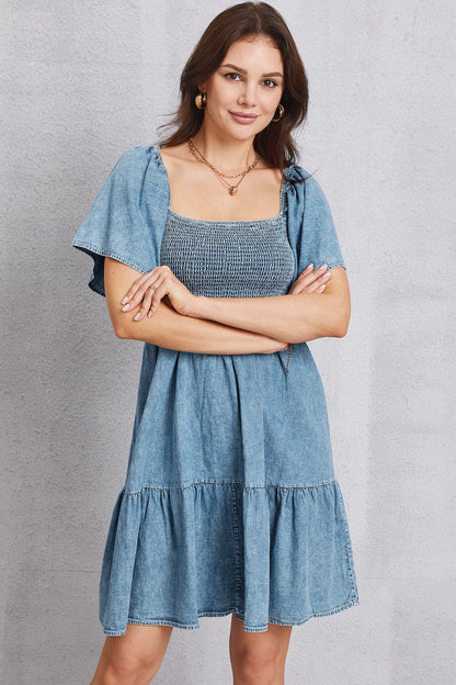 Smocked Square Neck Mini Denim Dress.