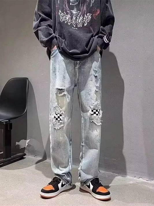 Men's Full Size Ripped Checkerboard Patchwork Jeans Plus Size Simply Love