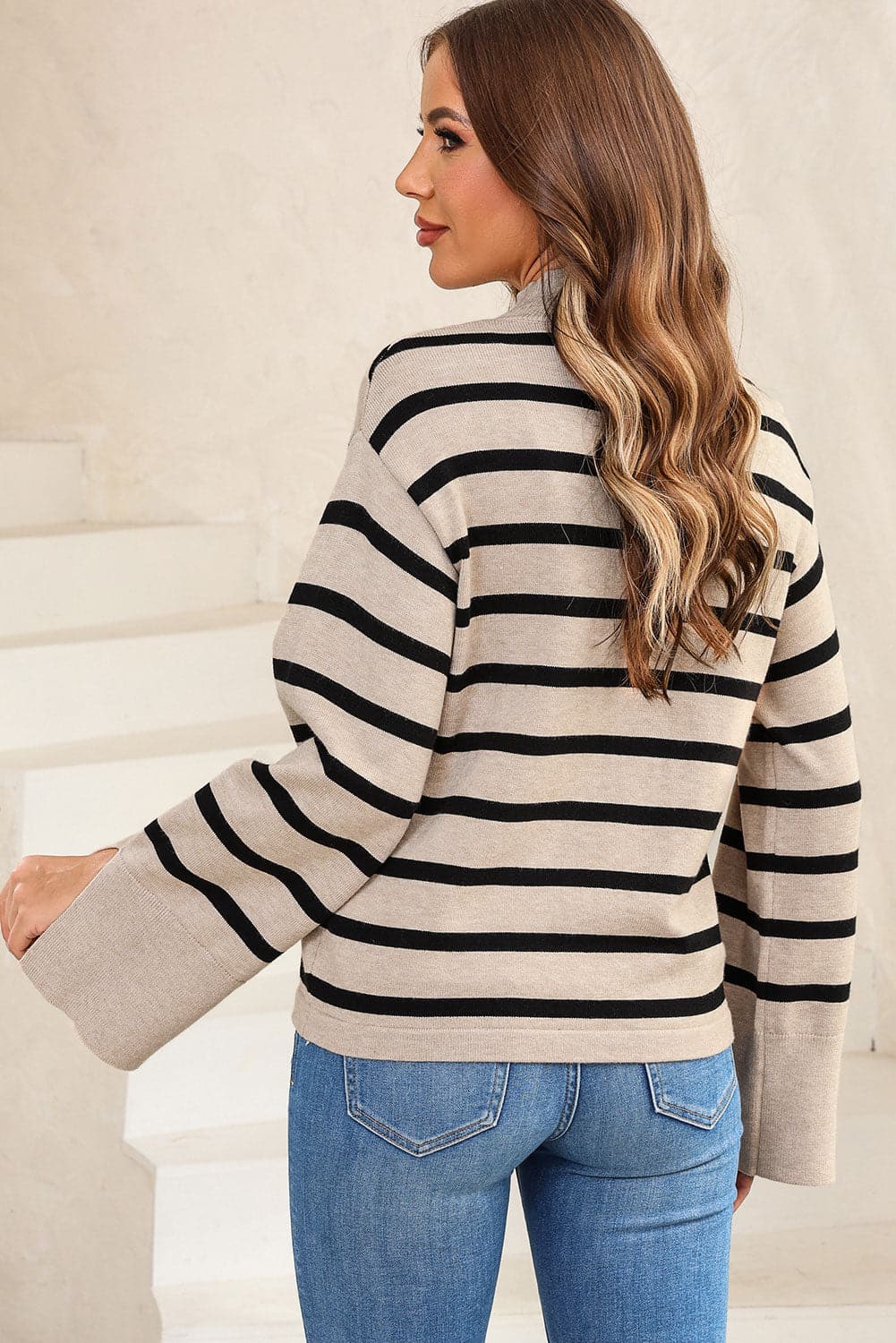 Striped Slit Drop Shoulder Sweater.