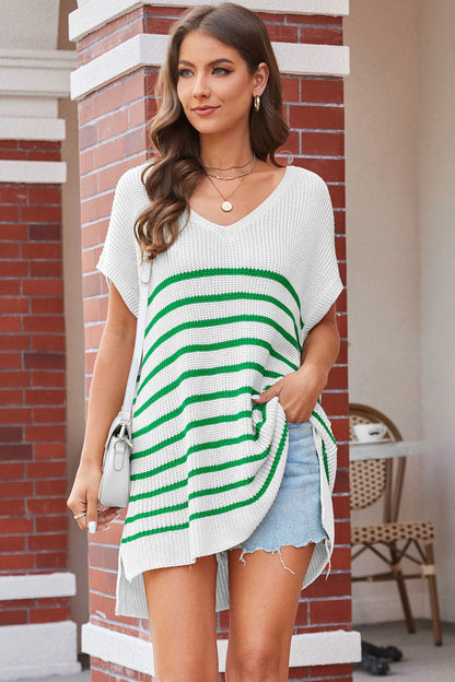 Striped V-Neck Short Sleeve Knit Top.