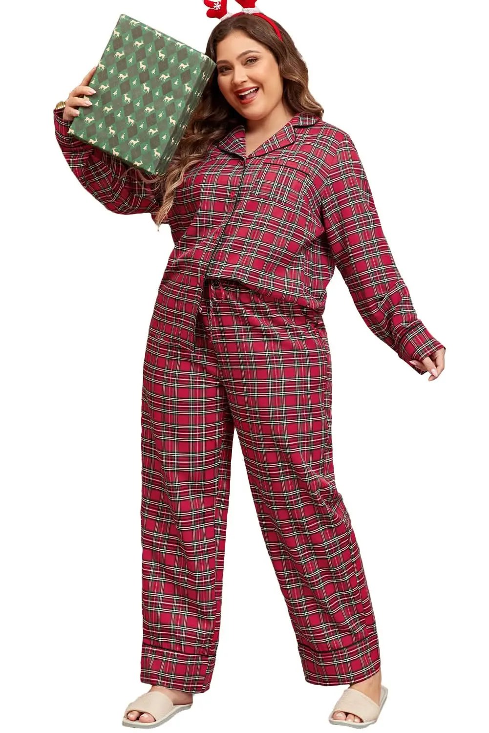Cozy plus size red plaid lounge set - Love Salve 