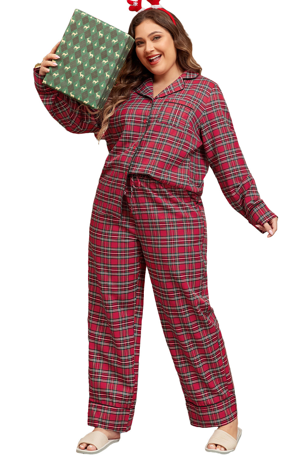 Cozy chic: Plus size red plaid shirt and pants lounge set