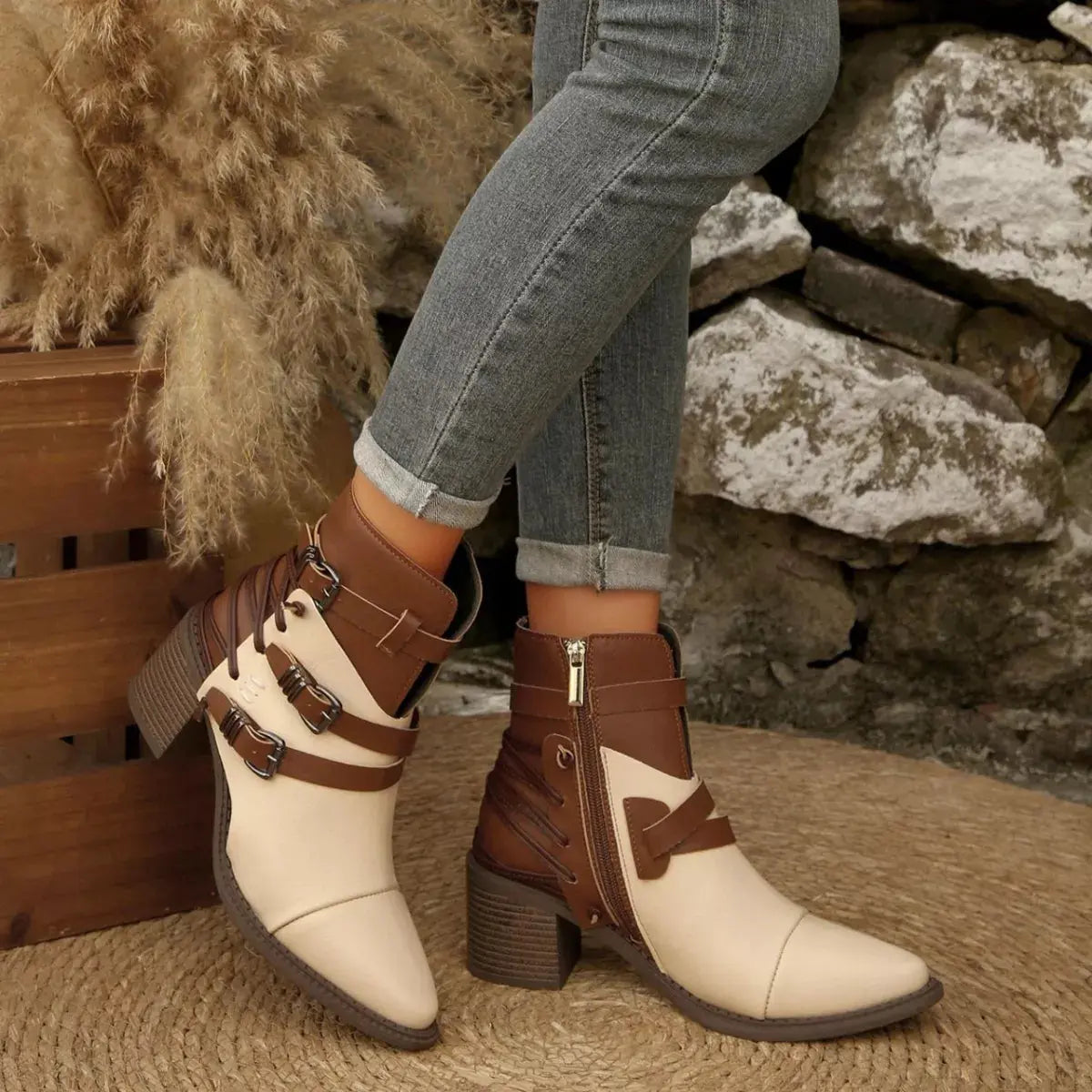 Point Toe Buckle Strap Ankle Boots with Block Heels Simply Love