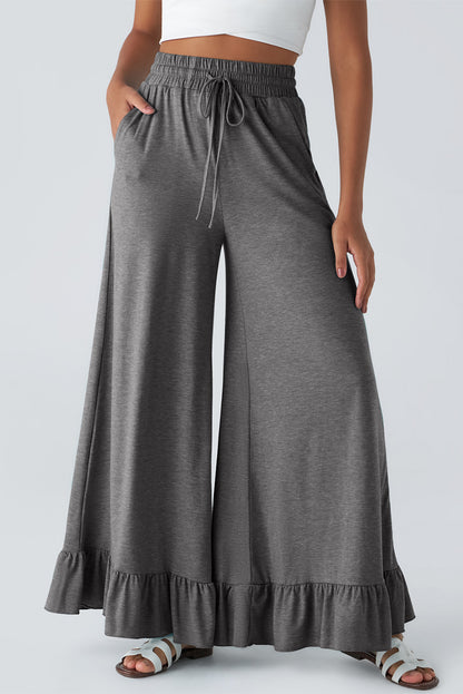 Medium Grey Ruffled Wide Leg High Waist Pants With Pockets