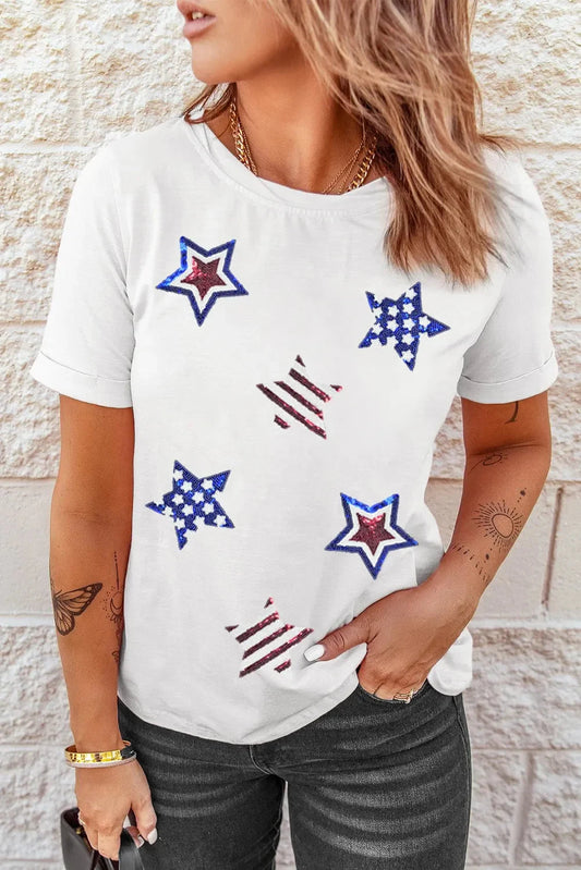Sequin Star Round Neck Short Sleeve T-Shirt Simply Love