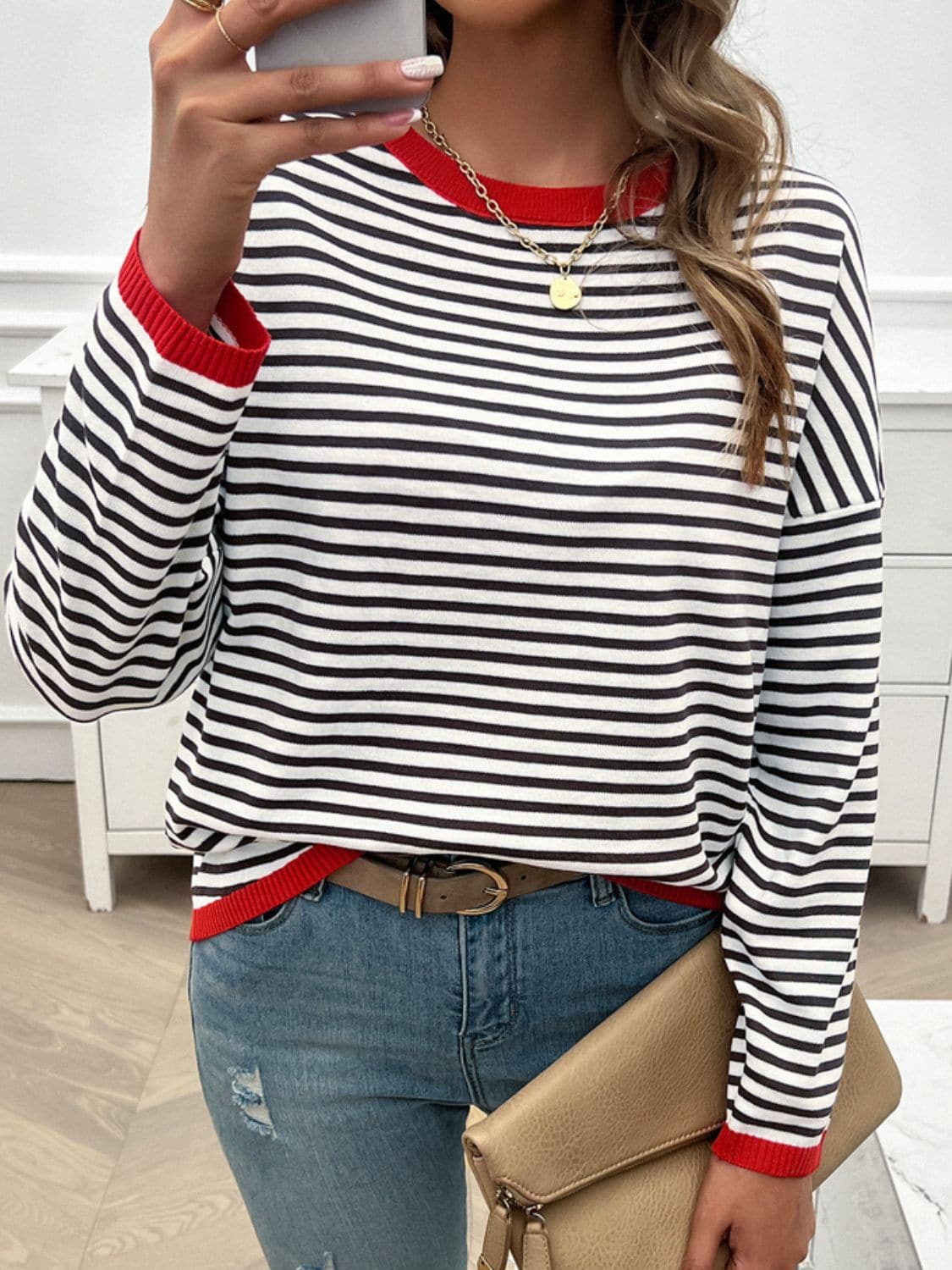 Striped Round Neck Dropped Shoulder Sweater.