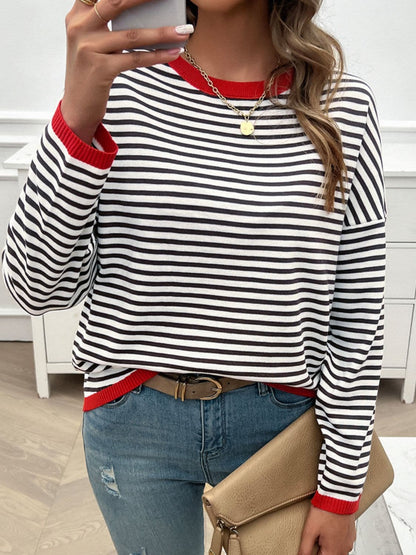 Striped Round Neck Dropped Shoulder Sweater.