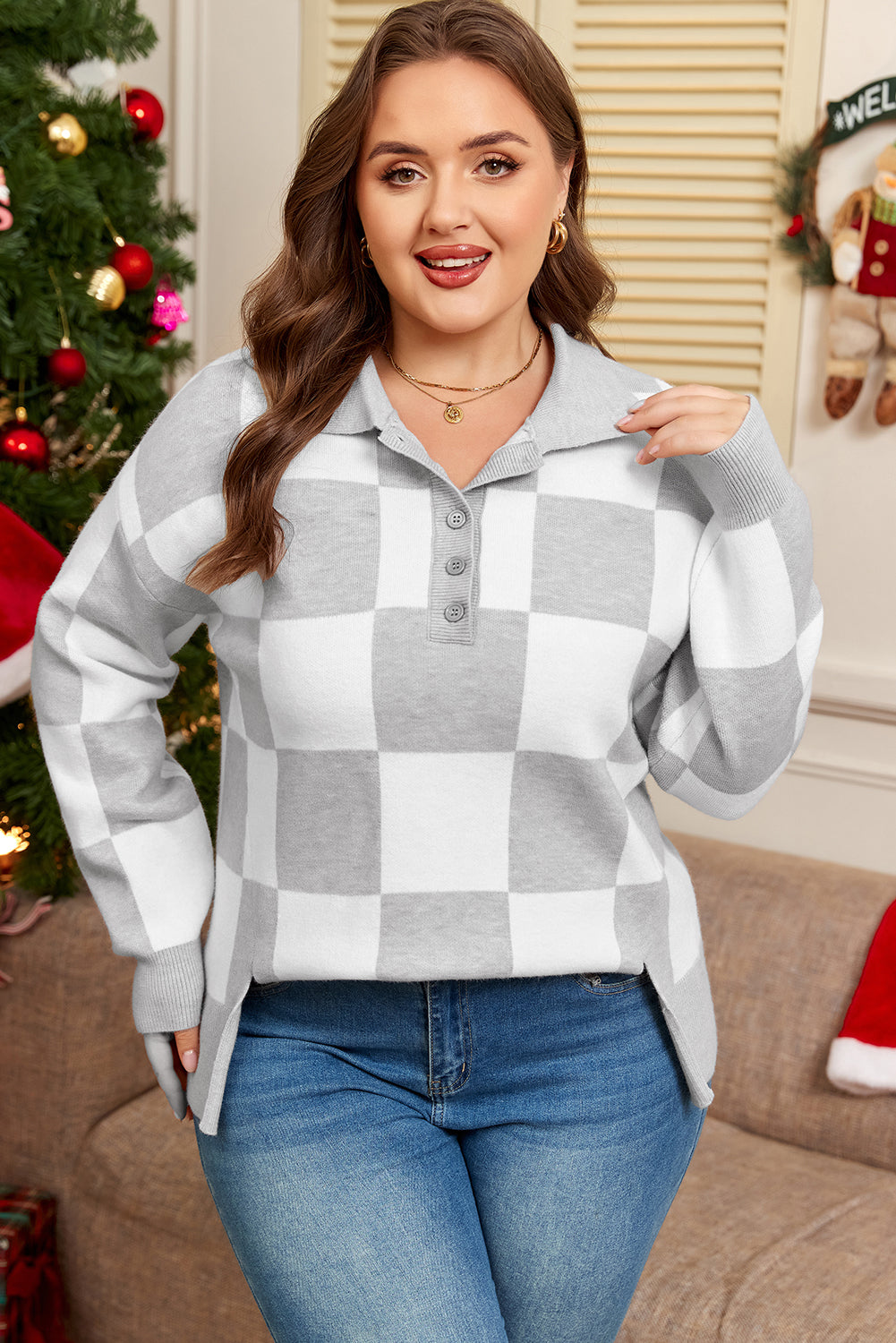 Gray Plus Size Checkered Pattern Polo Collar Split Sweater Dear-Lover Dropshipping