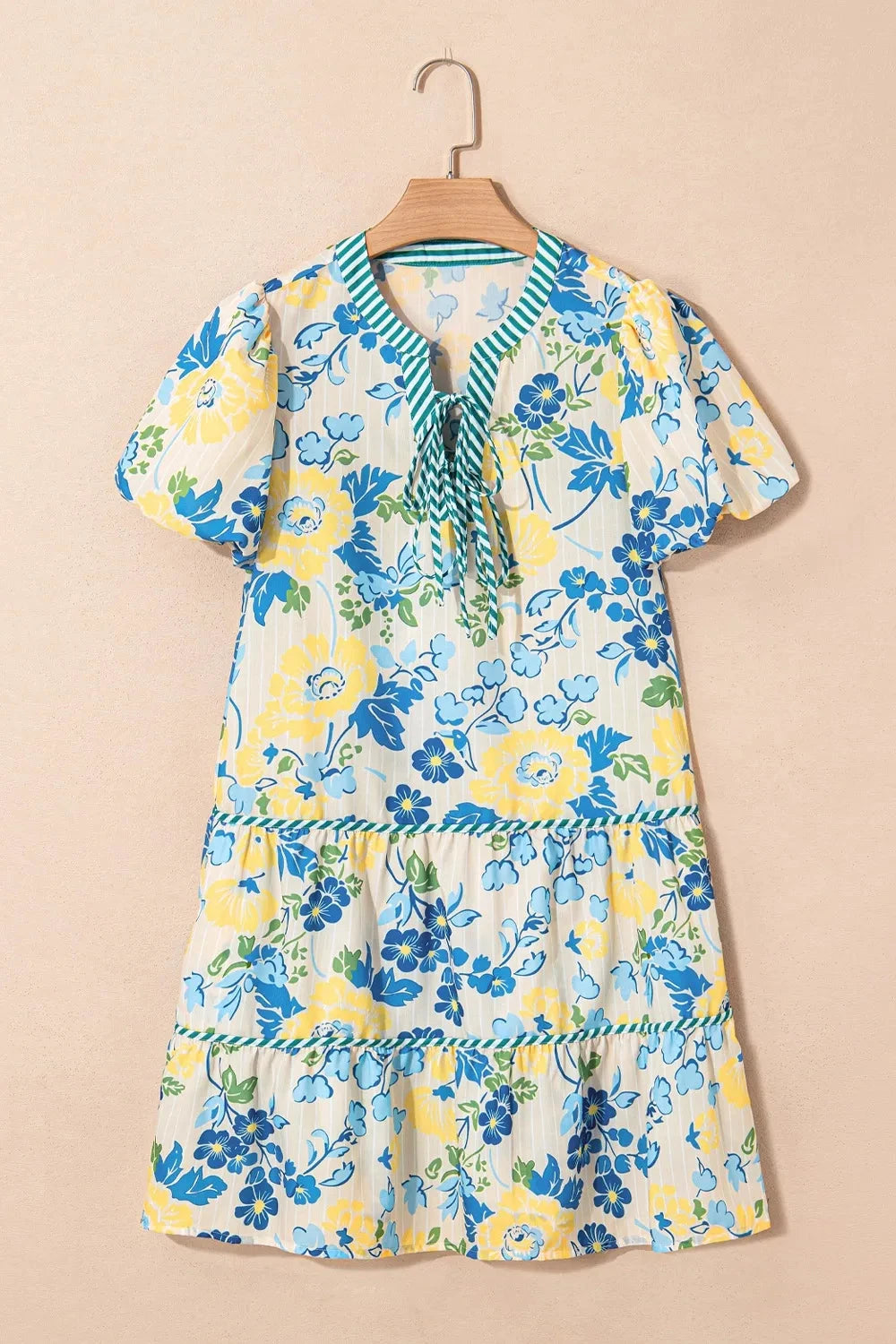 Floral Striped Trim Puff Short Sleeve Dress Simply Love