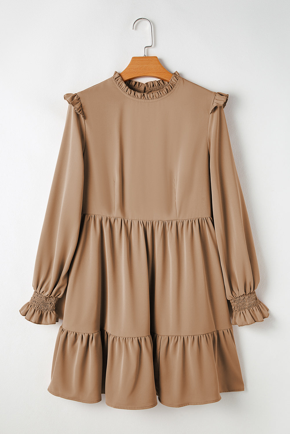 Light French Beige Frilled Collar Ruffled Shoulder Tiered Dress