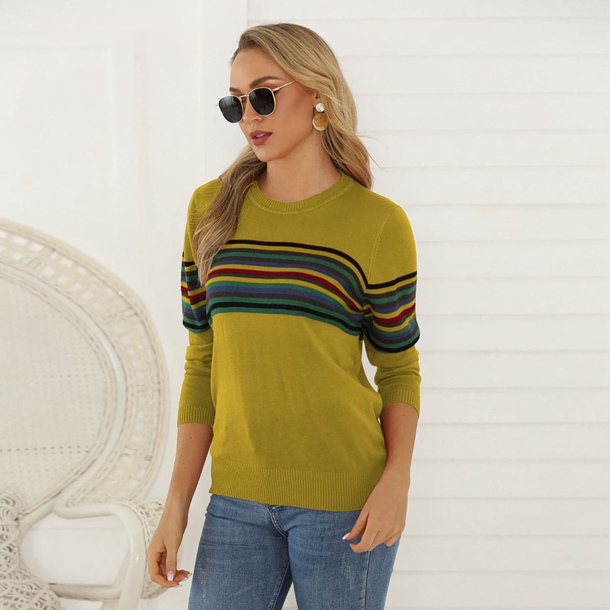 Striped Round Neck Long Sleeve Sweater.