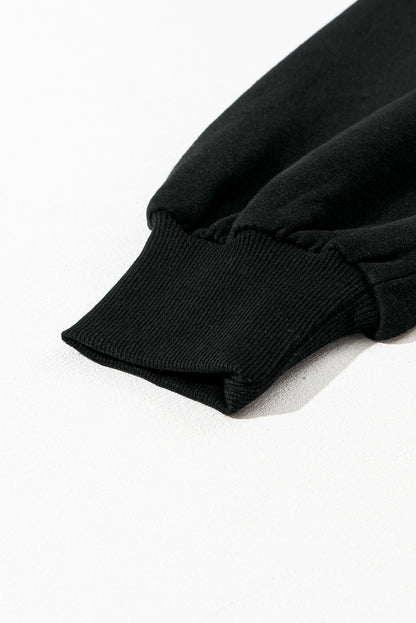 Black Solid Kangaroo Pocket Half Zipper Oversized Hoodie